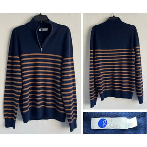 Boden Men's Blue Brown Striped 1/4 Zip Pullover Sweater - 22470